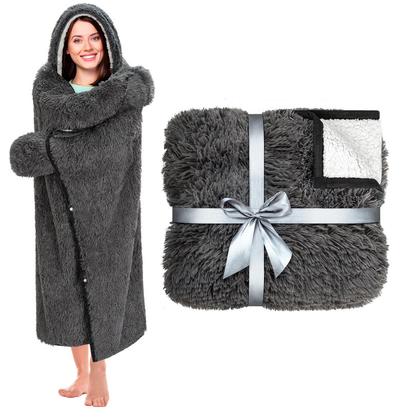 Happy Fuel Dark Grey Wearable Throw Blanket Hoodie for Women- Thick Cozy 52"X60" Sherpa Fleece Shaggy Decor for Couch, Bed & Sofa - Soft Fuzzy Faux Fur Hooded Gray Throw Blankets for Adults - Image 1